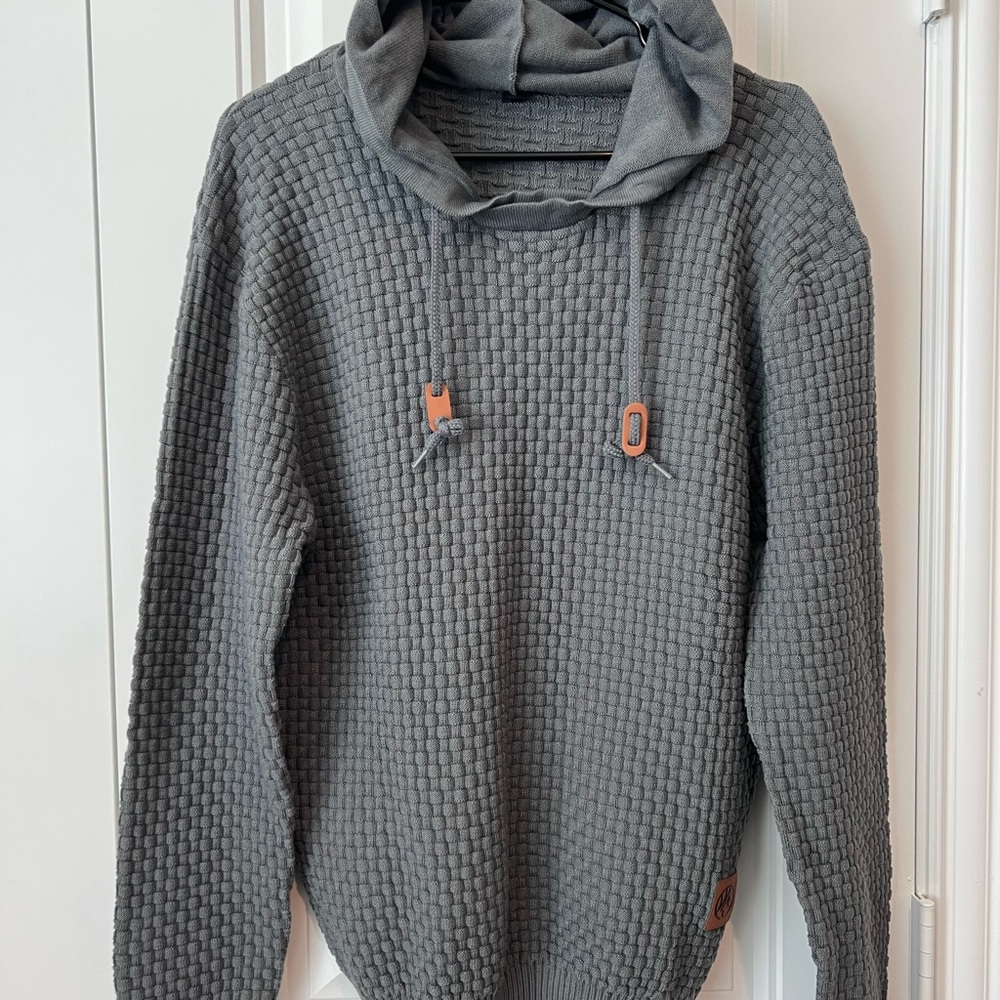 Gray Textured Long Sleeve Hoodie Men's Sweater